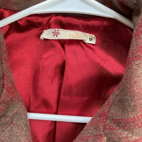 tulle jacket plaid wool blend red brown satin lined belted size med - Picture 2 of 7